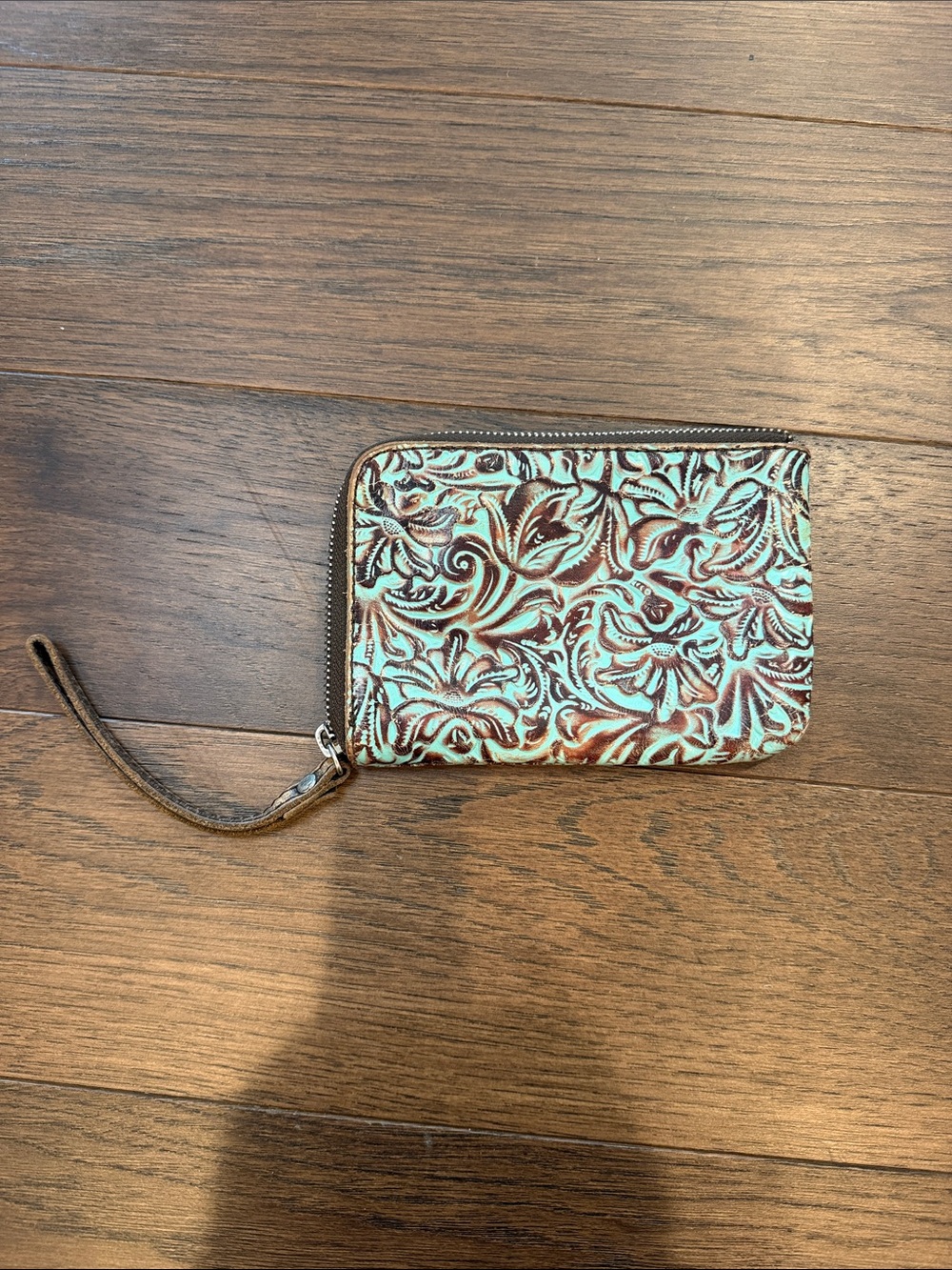 PATRICIA NASH Leather Capri Wristlet Clutch Tooled Turquoise Brown Teal C61-038